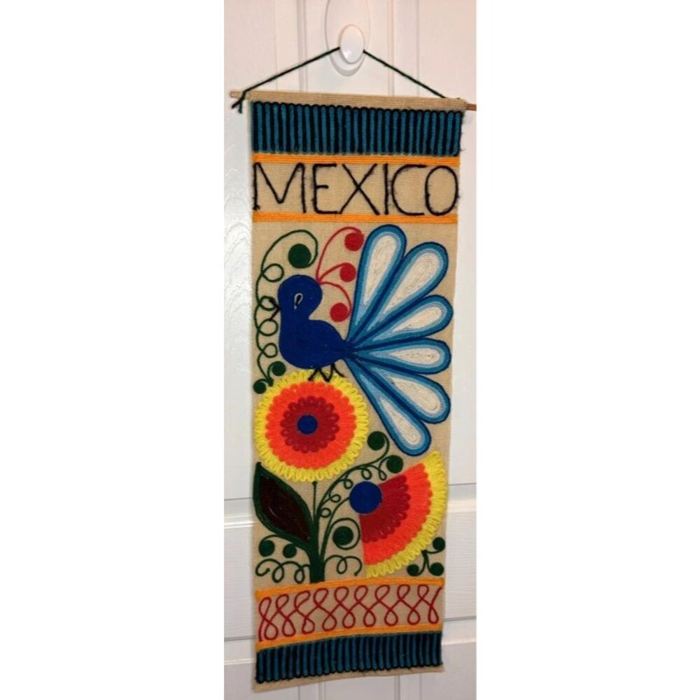 Vintage Mexico Peacock Yarn Art Wall Hanging 12x35 MCM 70s Boho Folk Art